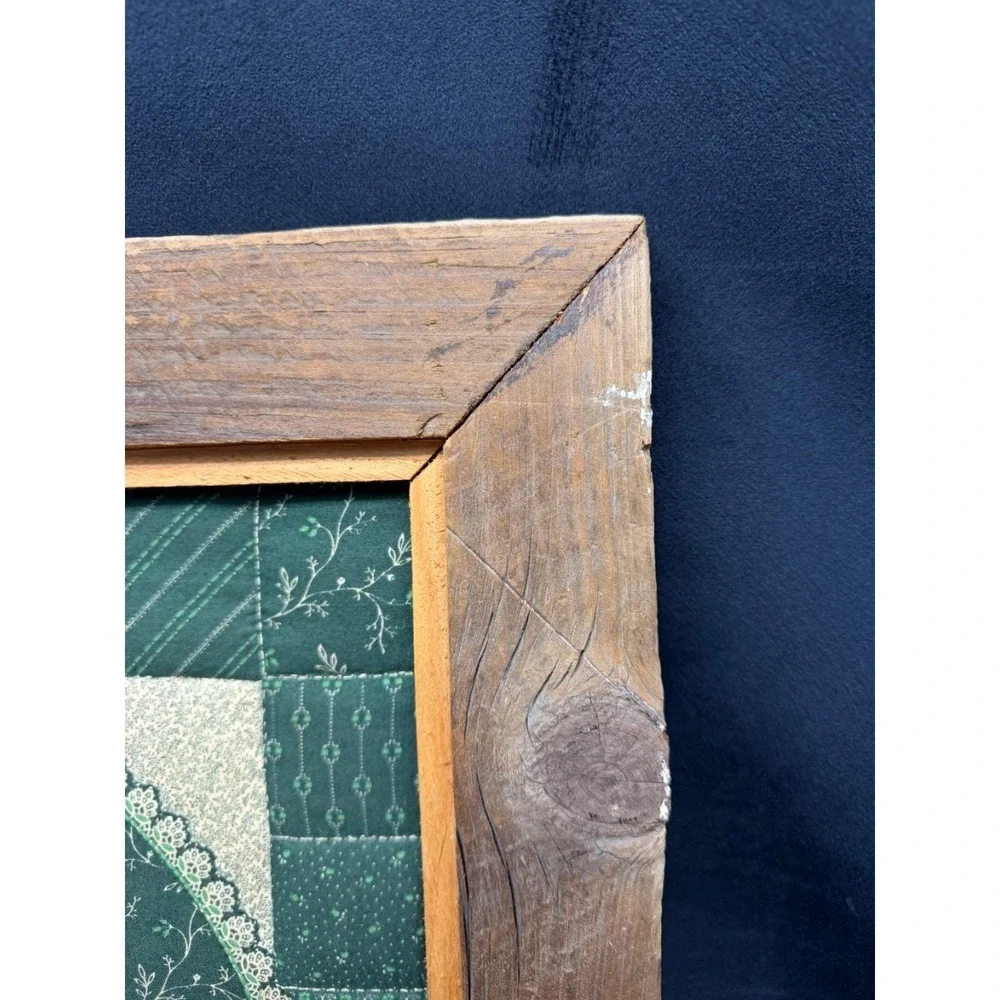 Vintage Quilted Cat Framed Picture Green Rustic Art Granny Farmhouse Cottage